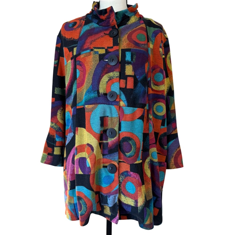 Ali Miles Abstract Geometric Button Up Top Womens L Multi Color Artsy Lagenlook